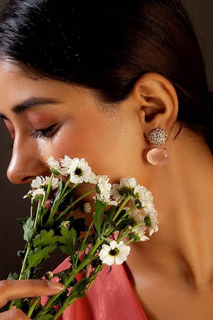 Gold Plated Rose Quartz Gemstone Stud Earrings In Sterling Silver by Neeta Boochra Jewellery at Pernia's Pop Up Shop