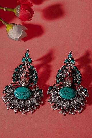 Gold Plated Turquoise Gemstone & Pearl Dangler Earrings In Sterling Silver by Neeta Boochra Jewellery