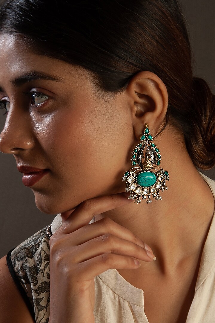 Gold Plated Turquoise Gemstone & Pearl Dangler Earrings In Sterling Silver by Neeta Boochra Jewellery at Pernia's Pop Up Shop