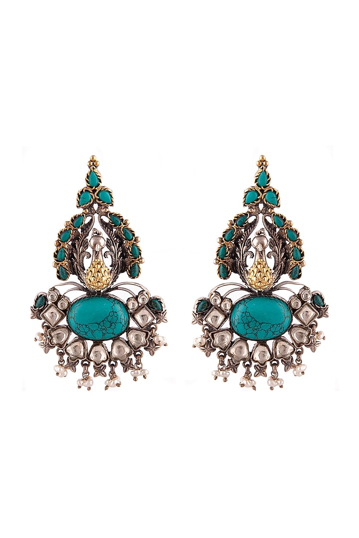 Gold Plated Turquoise Gemstone & Pearl Dangler Earrings In Sterling Silver by Neeta Boochra Jewellery at Pernia's Pop Up Shop