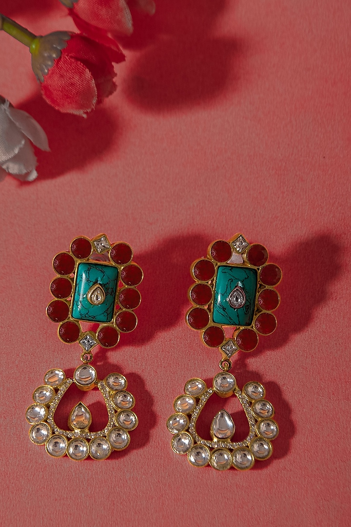 Gold Plated Turquoise Gemstone & Kundan Stud Earrings In Sterling Silver by Neeta Boochra Jewellery