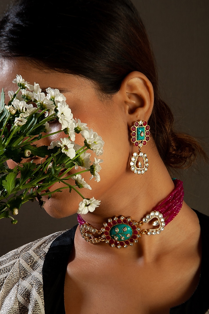 Gold Plated Turquoise Gemstone & Kundan Stud Earrings In Sterling Silver by Neeta Boochra Jewellery at Pernia's Pop Up Shop