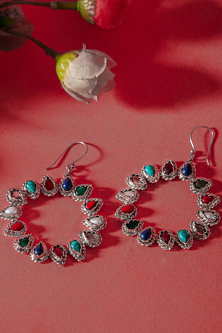 White Plated Multi-Colored Gemstone Dangler Earrings In Sterling Silver by Neeta Boochra Jewellery