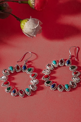 White Plated Multi-Colored Gemstone Dangler Earrings In Sterling Silver by Neeta Boochra Jewellery