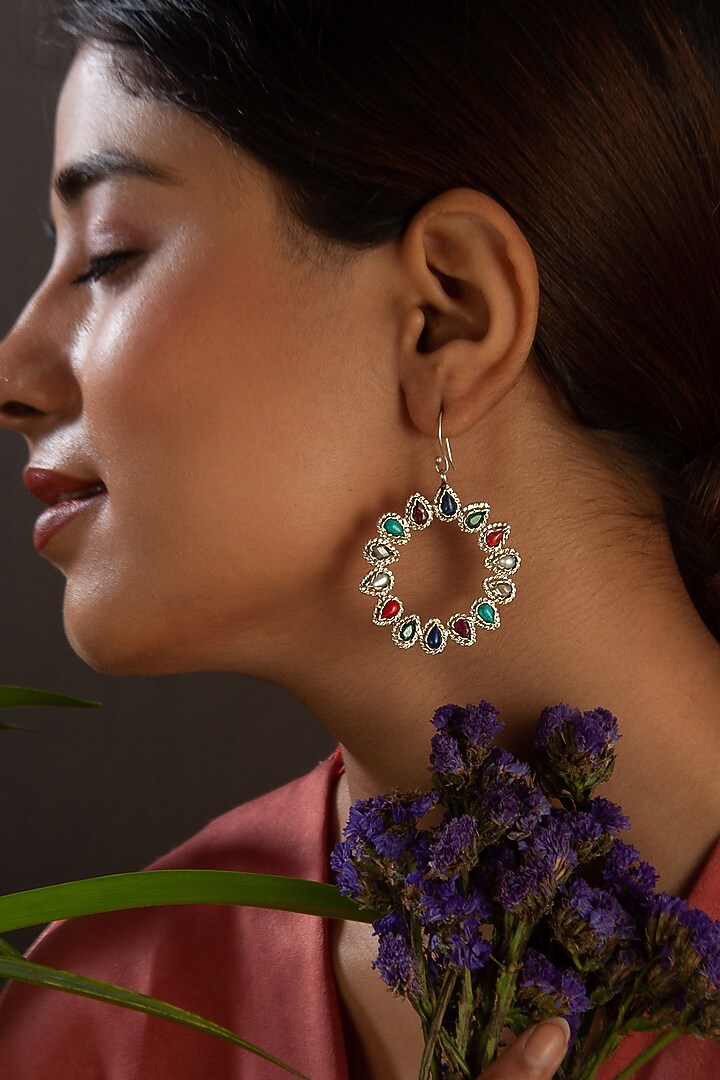 White Plated Multi-Colored Gemstone Dangler Earrings In Sterling Silver by Neeta Boochra Jewellery at Pernia's Pop Up Shop