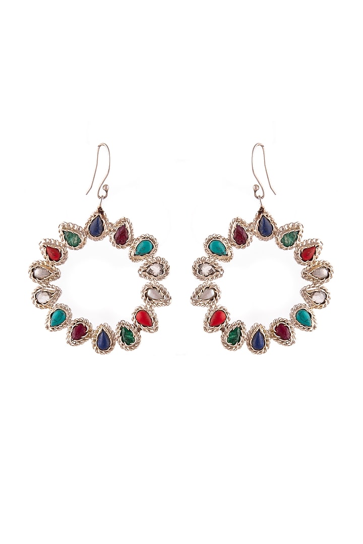 White Plated Multi-Colored Gemstone Dangler Earrings In Sterling Silver by Neeta Boochra Jewellery at Pernia's Pop Up Shop