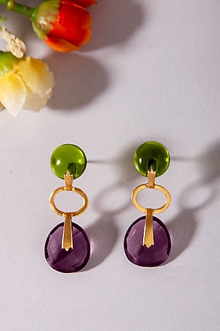 Gold Plated Amethyst & Peridot Gemstone Dangler Earrings In Sterling Silver by Neeta Boochra Jewellery