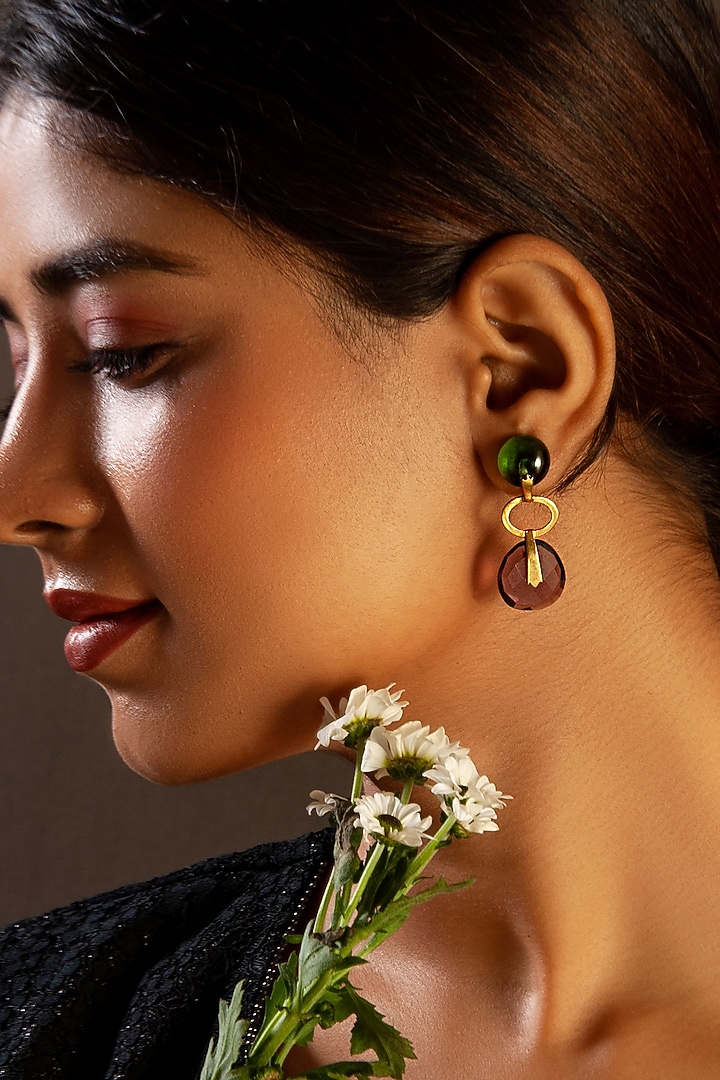 Gold Plated Amethyst & Peridot Gemstone Dangler Earrings In Sterling Silver by Neeta Boochra Jewellery at Pernia's Pop Up Shop
