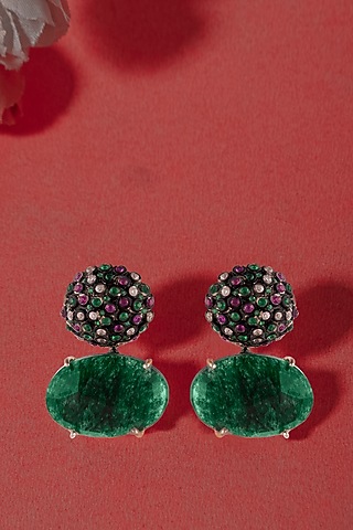 Gold Plated Green Gemstone Stud Earrings In Sterling Silver by Neeta Boochra Jewellery