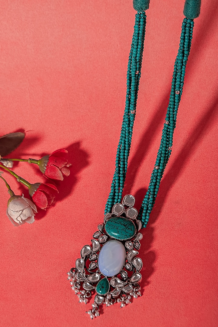 White Plated Turquoise & Blue Gemstone Long Necklace In Sterling Silver by Neeta Boochra Jewellery at Pernia's Pop Up Shop