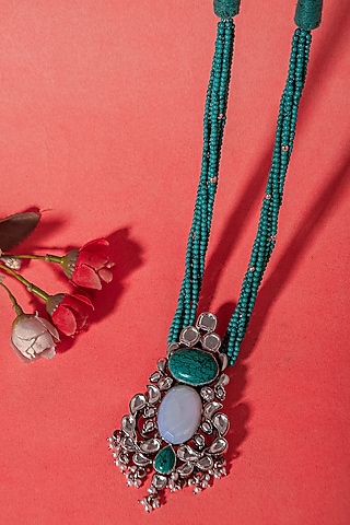 White Plated Turquoise & Blue Gemstone Long Necklace In Sterling Silver by Neeta Boochra Jewellery