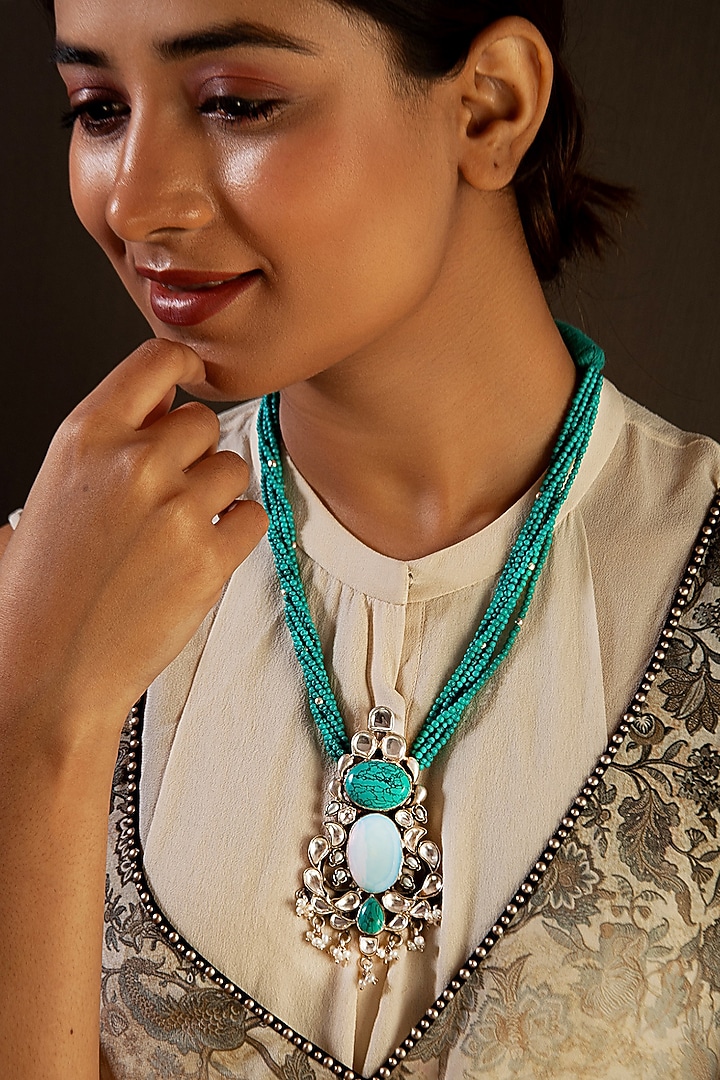 White Plated Turquoise & Blue Gemstone Long Necklace In Sterling Silver by Neeta Boochra Jewellery at Pernia's Pop Up Shop