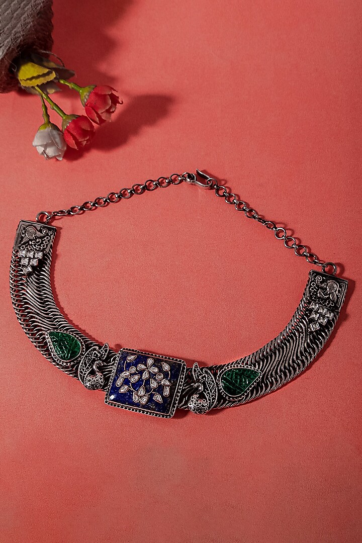 White Plated Lapis Lazuli & Green Onyx Necklace In Sterling Silver by Neeta Boochra Jewellery