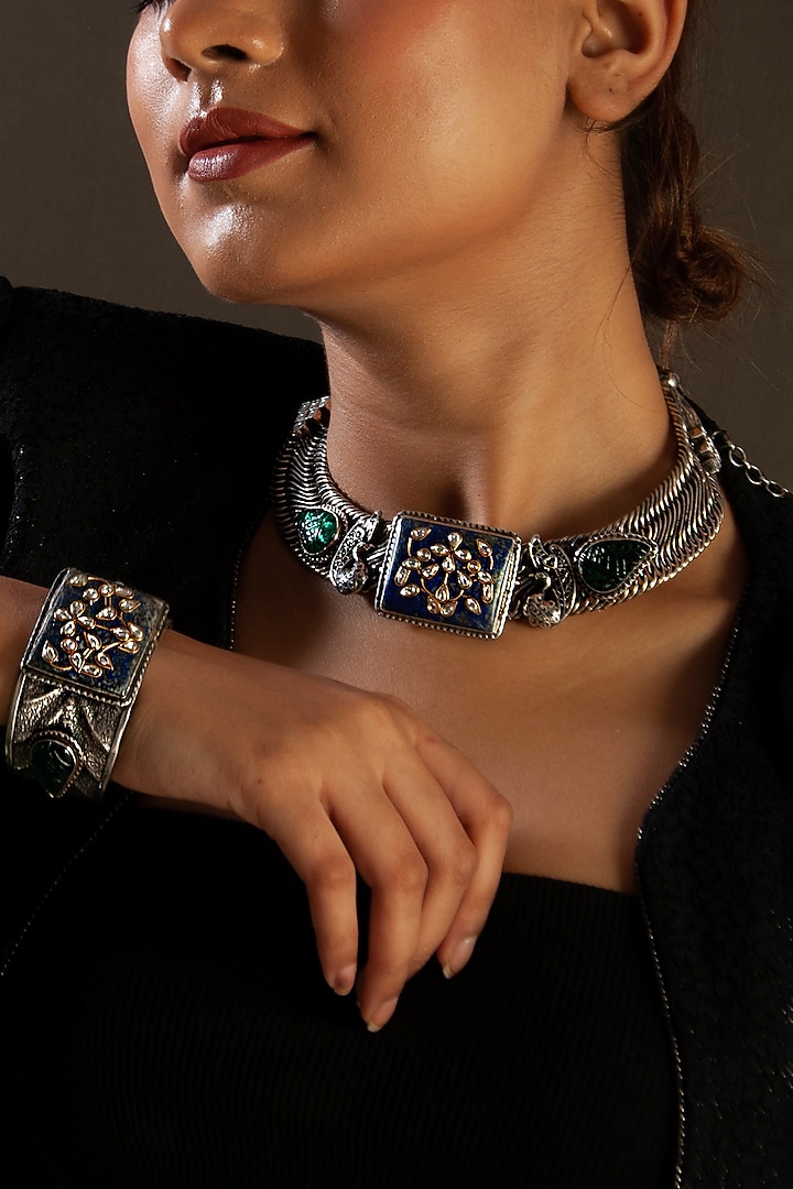 White Plated Lapis Lazuli & Green Onyx Necklace In Sterling Silver by Neeta Boochra Jewellery at Pernia's Pop Up Shop
