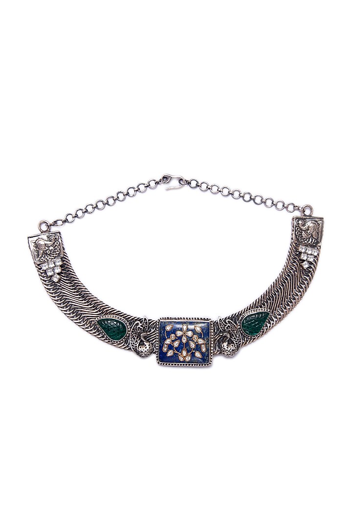 White Plated Lapis Lazuli & Green Onyx Necklace In Sterling Silver by Neeta Boochra Jewellery at Pernia's Pop Up Shop