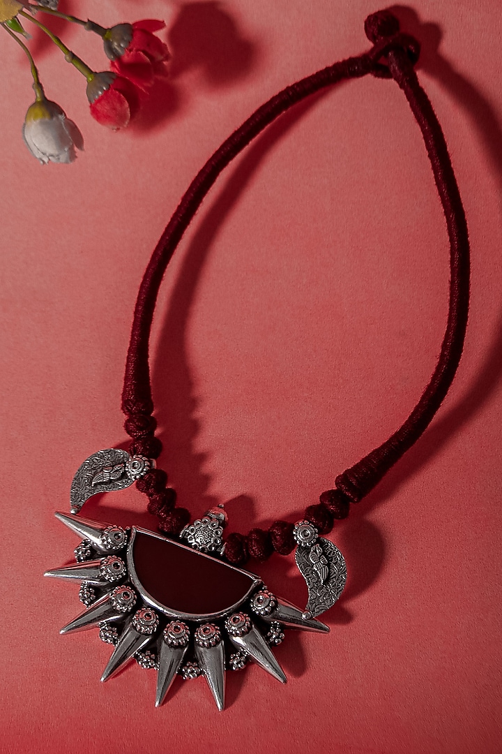 White Plated Red Carnelian Gemstone Necklace In Sterling Silver by Neeta Boochra Jewellery