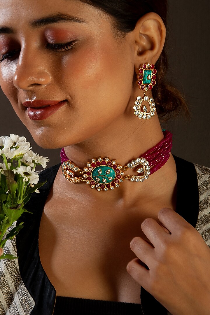 Gold Plated Turquoise & Ruby Gemstone Necklace In Sterling Silver by Neeta Boochra Jewellery at Pernia's Pop Up Shop