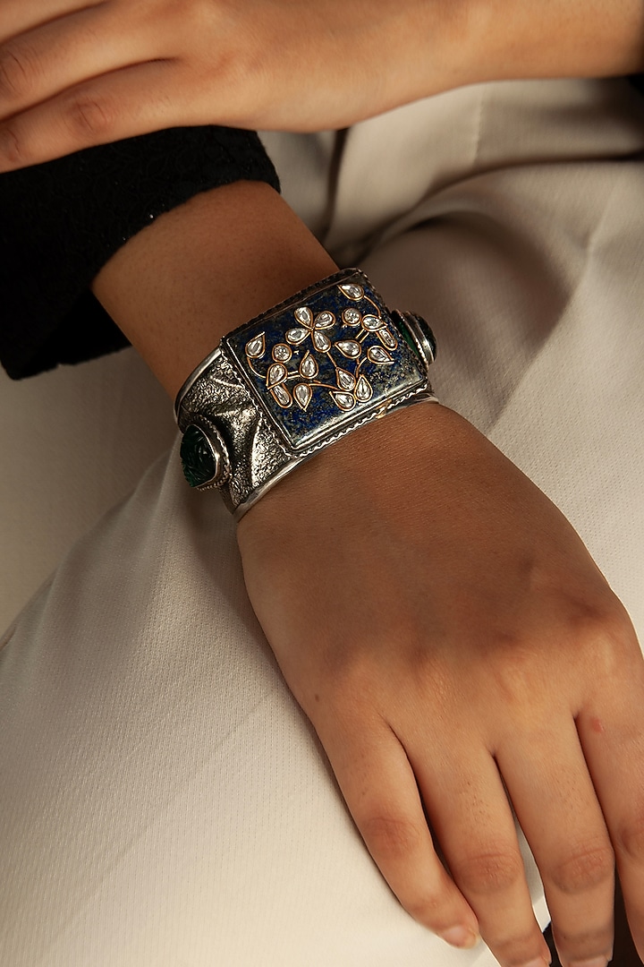 White Plated Green Onyx Gemstone Bangle In Sterling Silver by Neeta Boochra Jewellery at Pernia's Pop Up Shop