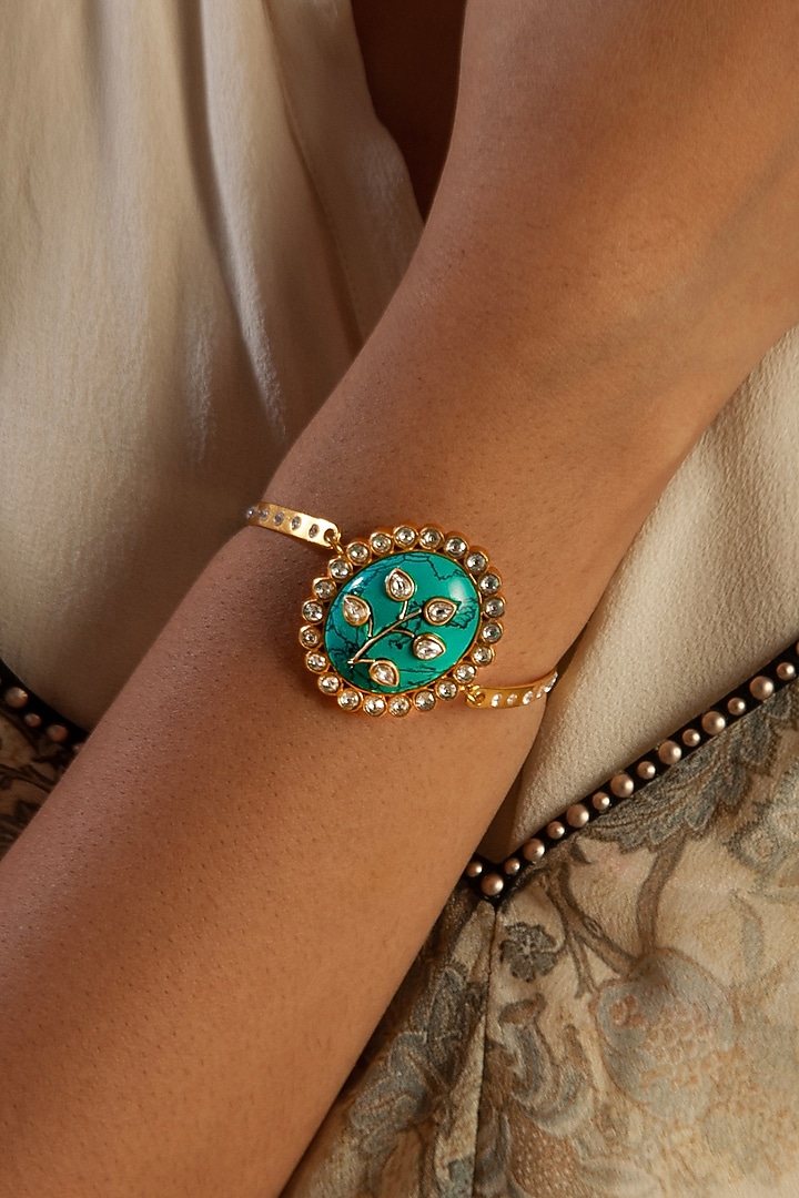 Gold Plated Kundan & Turquoise Gemstone Bracelet In Sterling Silver by Neeta Boochra Jewellery at Pernia's Pop Up Shop