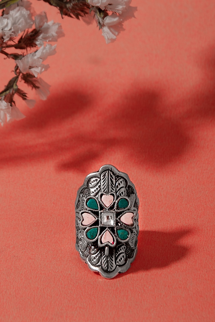 White Plated Multi-Colored Kundan Polki Ring In Sterling Silver by Neeta Boochra Jewellery
