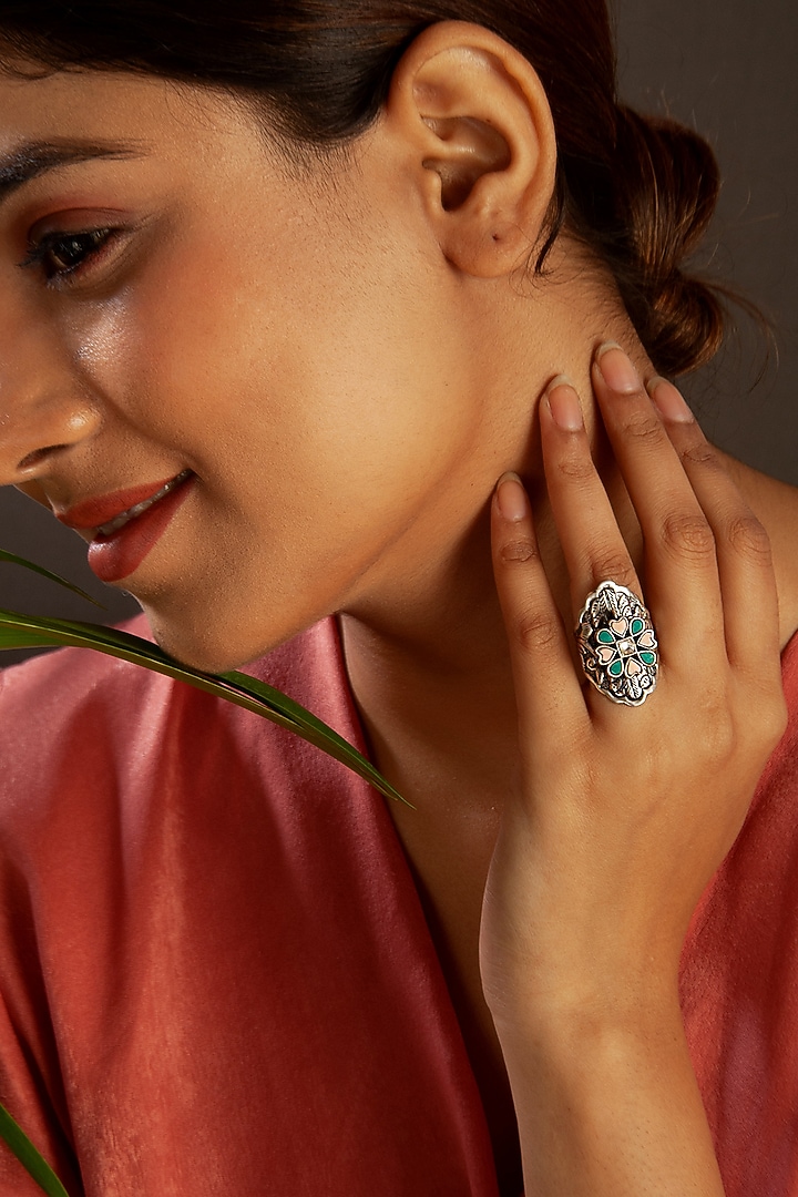 White Plated Multi-Colored Kundan Polki Ring In Sterling Silver by Neeta Boochra Jewellery at Pernia's Pop Up Shop