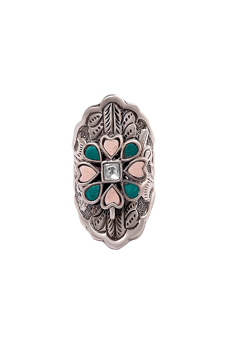 White Plated Multi-Colored Kundan Polki Ring In Sterling Silver by Neeta Boochra Jewellery at Pernia's Pop Up Shop