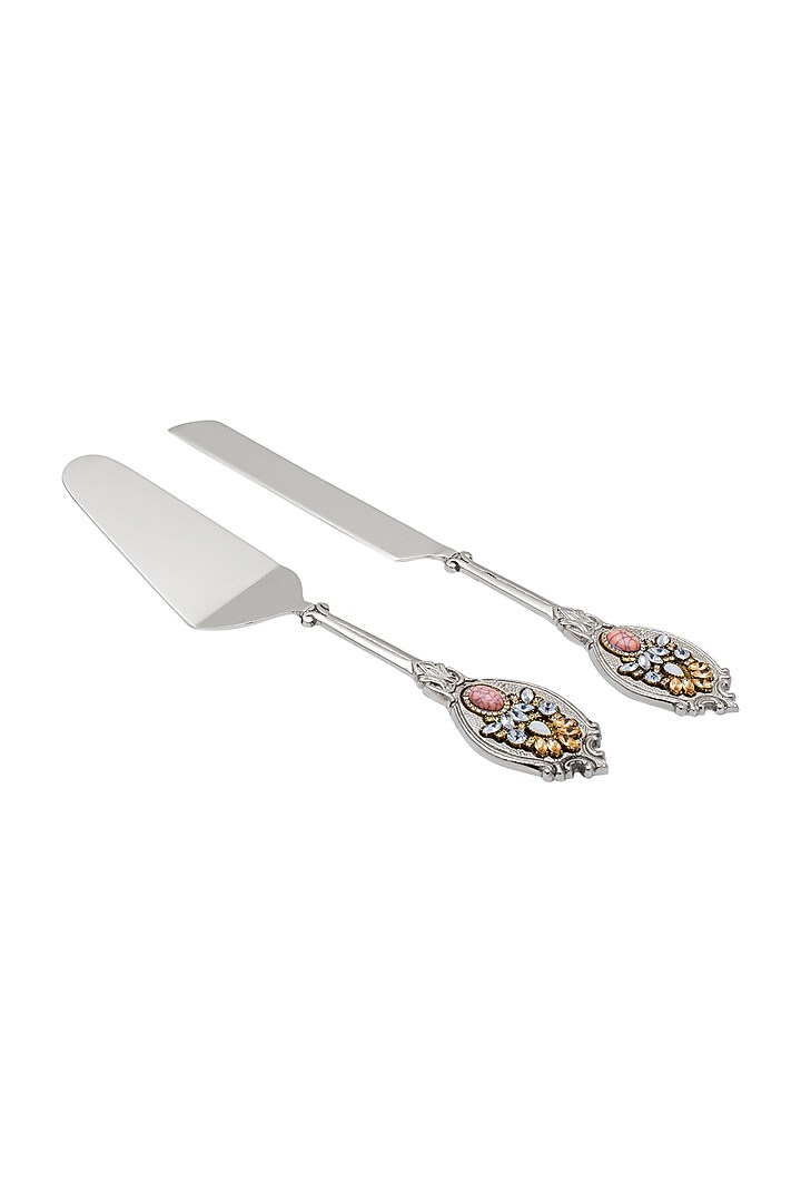 Silver Metal Cake Knife Set (Set of 2) by HOUSE OF NEEBA at Pernia's Pop Up Shop