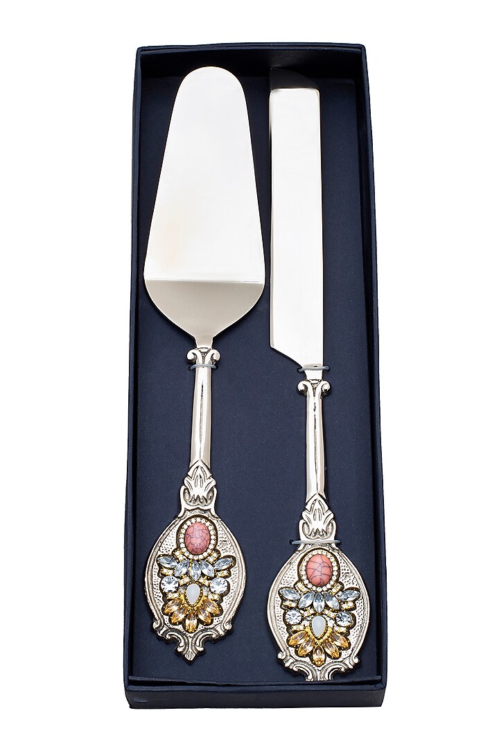 Silver Metal Cake Knife Set (Set of 2) by HOUSE OF NEEBA at Pernia's Pop Up Shop