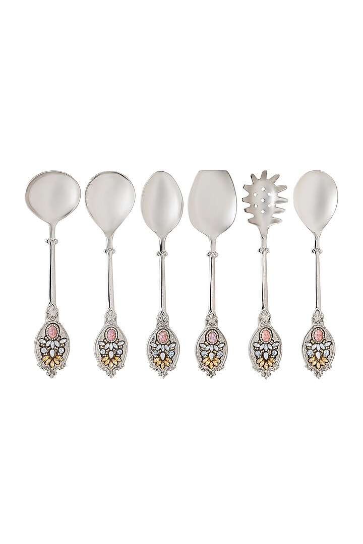 Silver Serving Spoon Set In Metal (Set of 6) by HOUSE OF NEEBA