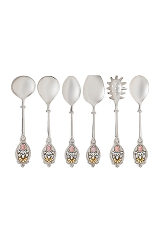 Silver Serving Spoon Set In Metal (Set of 6) by HOUSE OF NEEBA