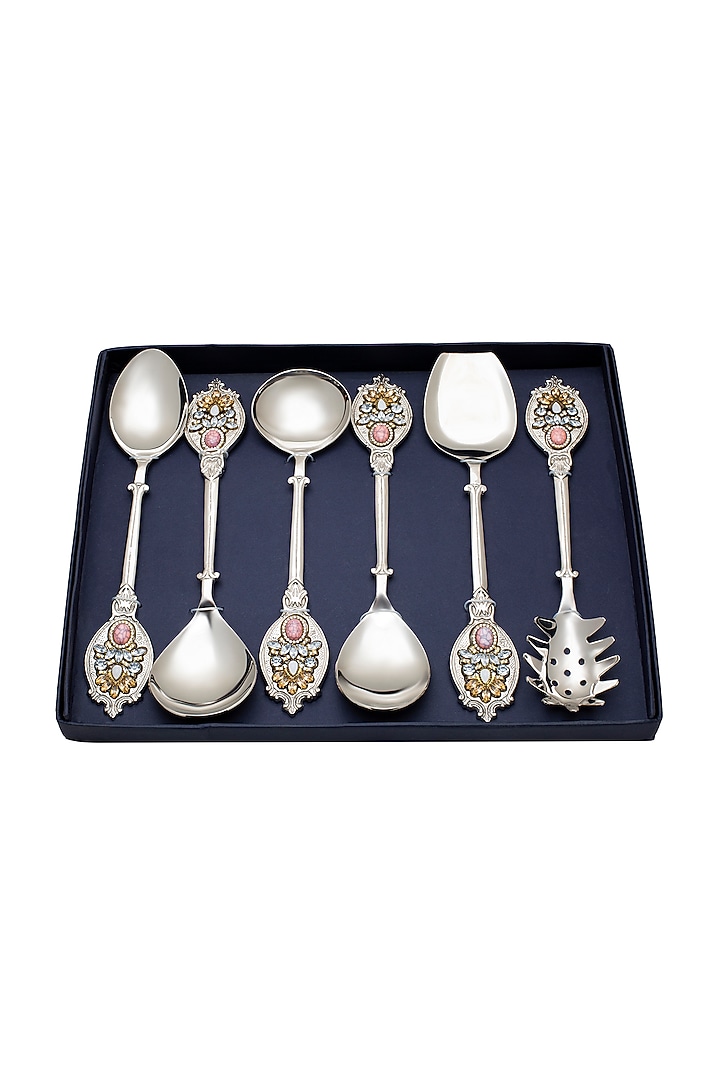 Silver Serving Spoon Set In Metal (Set of 6) by HOUSE OF NEEBA at Pernia's Pop Up Shop