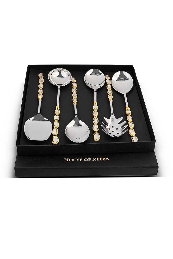 White Brass & Stainless Steel Serving Spoons (Set Of 6) by HOUSE OF NEEBA