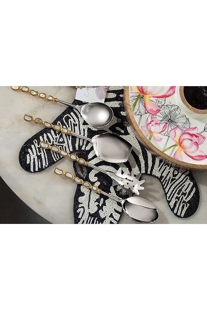 White Brass & Stainless Steel Serving Spoons (Set Of 6) by HOUSE OF NEEBA at Pernia's Pop Up Shop