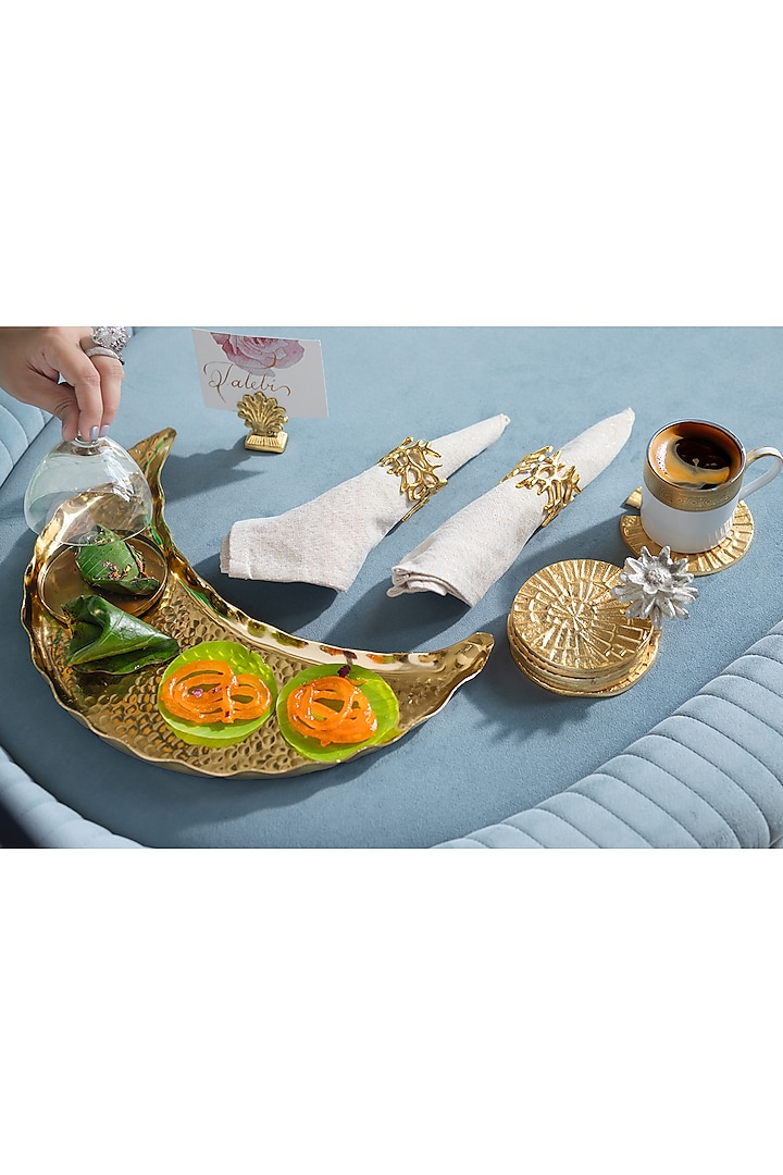 Gold Metal Moon Shaped Tray With Cloche (Set Of 3) by HOUSE OF NEEBA