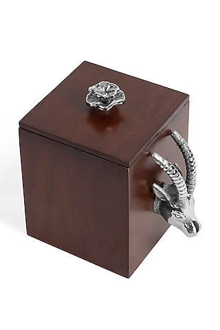 Brown Metal & Mango Wood Handcrafted Box by HOUSE OF NEEBA