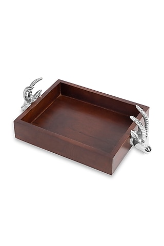 Brown Mango Wood & Metal Tray by HOUSE OF NEEBA