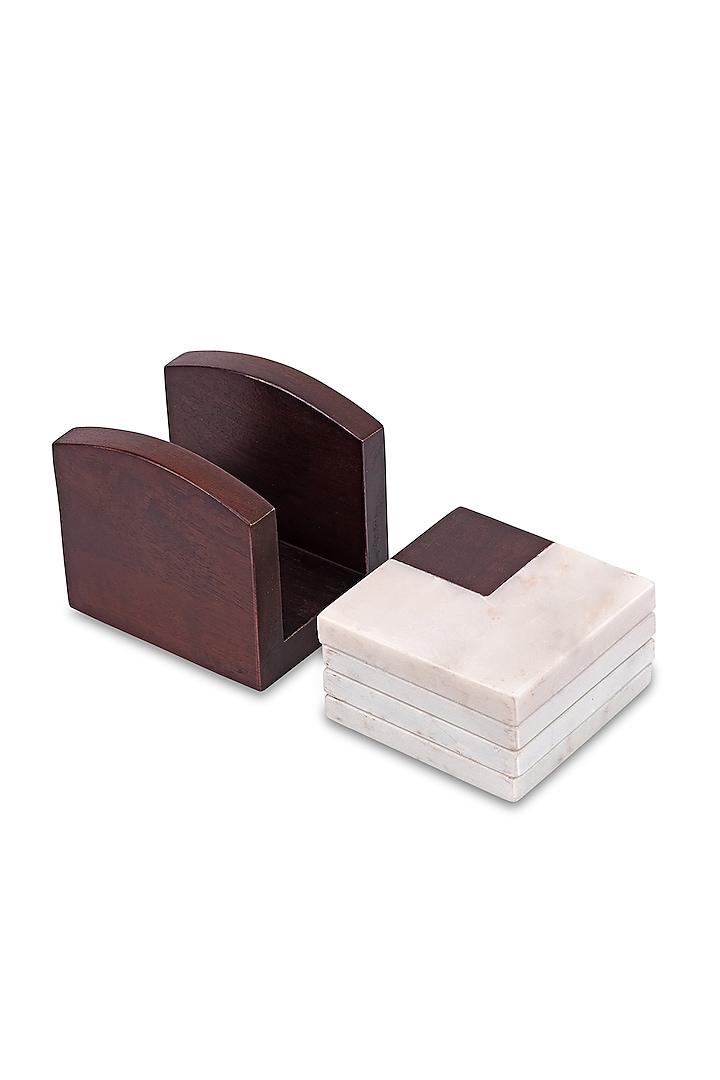 Brown Marble & Mango Wood Coasters With Coaster Stand (Set of 5) by HOUSE OF NEEBA