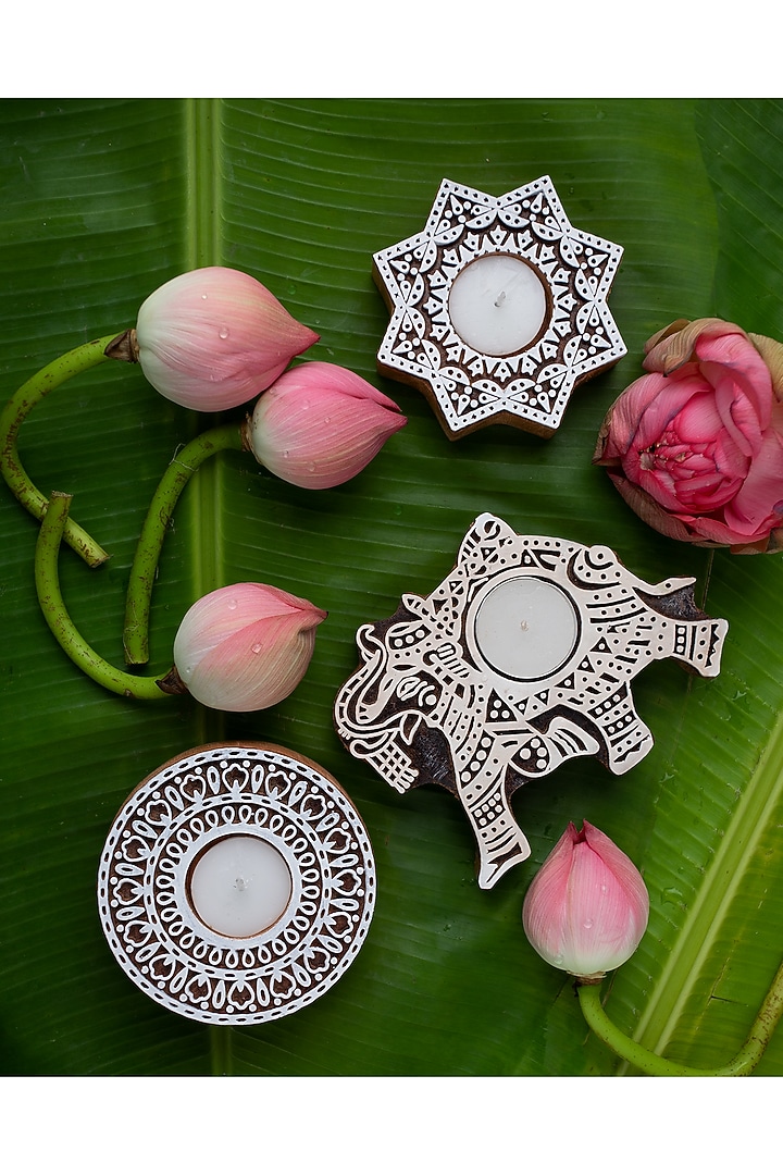 Brown & White Wood Tealight Holder & Tealights (Set of 3) by HOUSE OF NEEBA at Pernia's Pop Up Shop