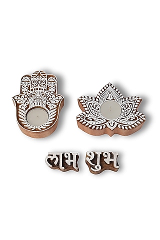 Brown & White Wooden Tealight Holders & Shubh-Labh Pieces by HOUSE OF NEEBA