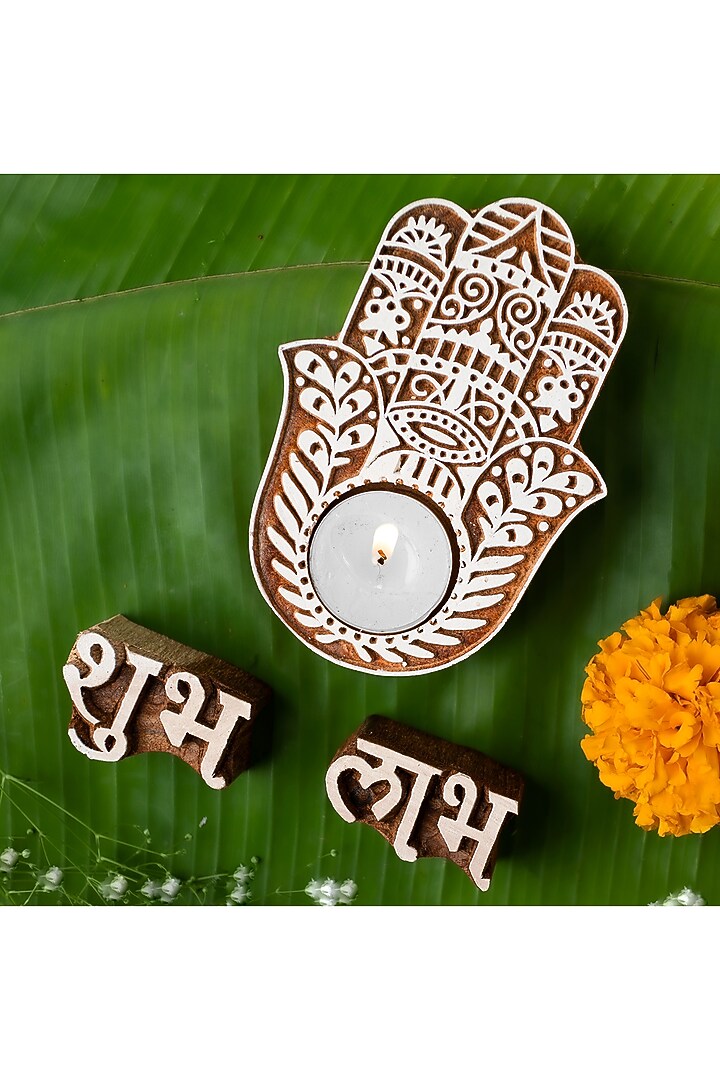 Brown & White Wooden Tealight Holders & Shubh-Labh Pieces by HOUSE OF NEEBA at Pernia's Pop Up Shop