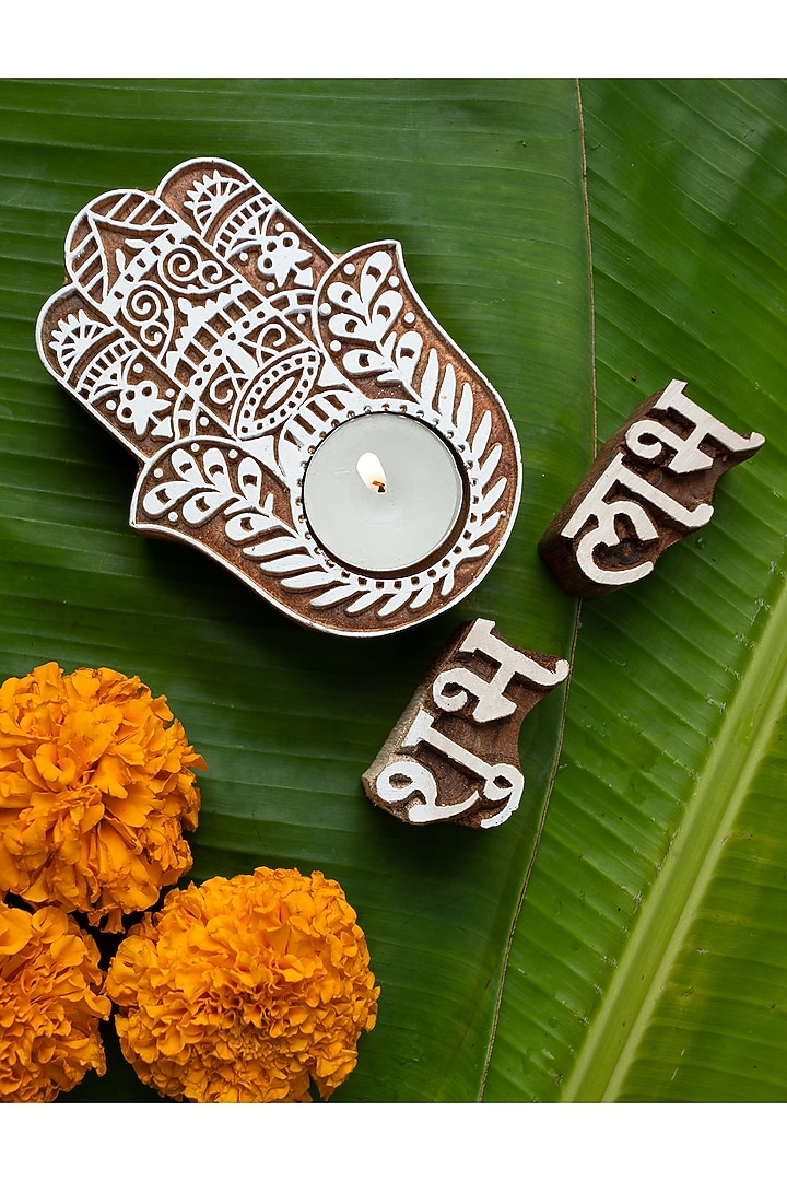 Brown & White Wooden Tealight Holders & Shubh-Labh Pieces by HOUSE OF NEEBA at Pernia's Pop Up Shop