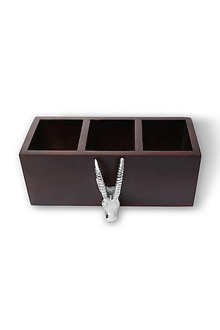 Brown & Silver Mango Wood Ram Face Cutlery Stand & Napkin Holder by HOUSE OF NEEBA