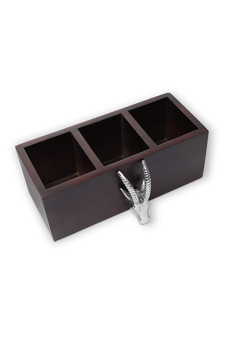 Brown & Silver Mango Wood Ram Face Cutlery Stand & Napkin Holder by HOUSE OF NEEBA at Pernia's Pop Up Shop