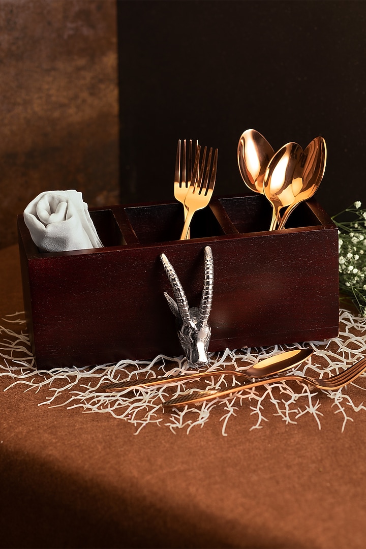 Brown & Silver Mango Wood Ram Face Cutlery Stand & Napkin Holder by HOUSE OF NEEBA at Pernia's Pop Up Shop