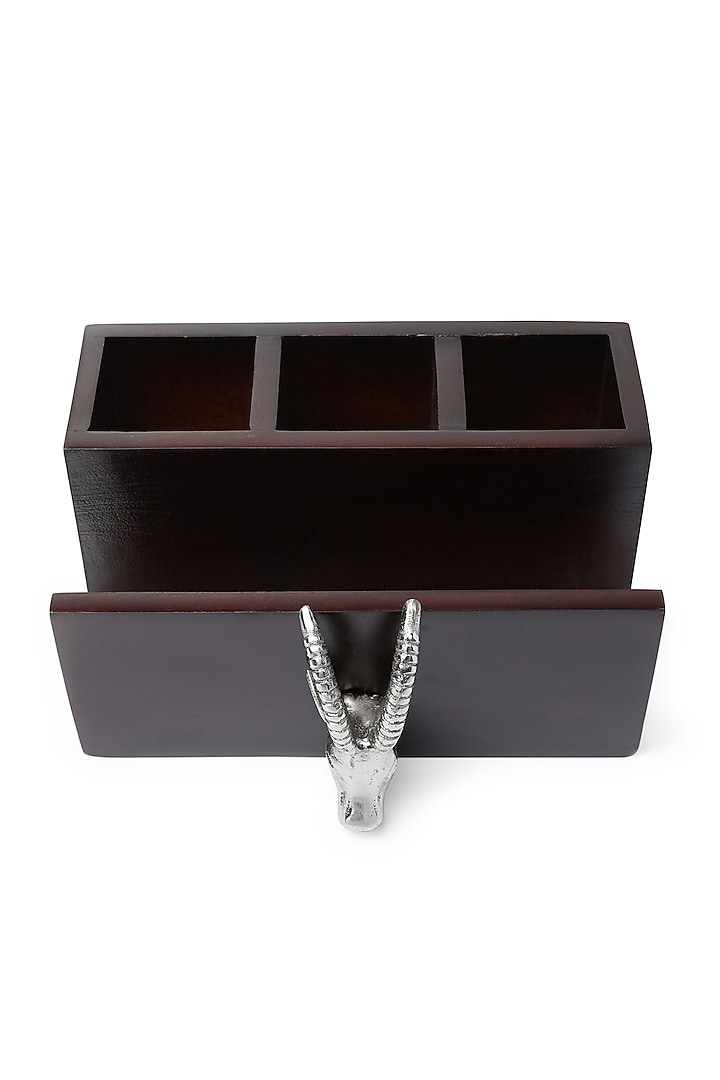 Brown & Silver Mango Wood Ram Face Cutlery Stand & Tissue Holder by HOUSE OF NEEBA at Pernia's Pop Up Shop