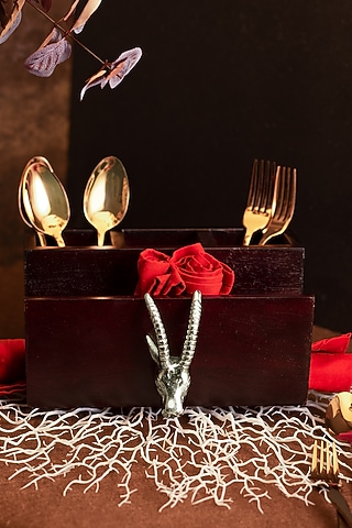 Brown & Silver Mango Wood Ram Face Cutlery Stand & Tissue Holder by HOUSE OF NEEBA