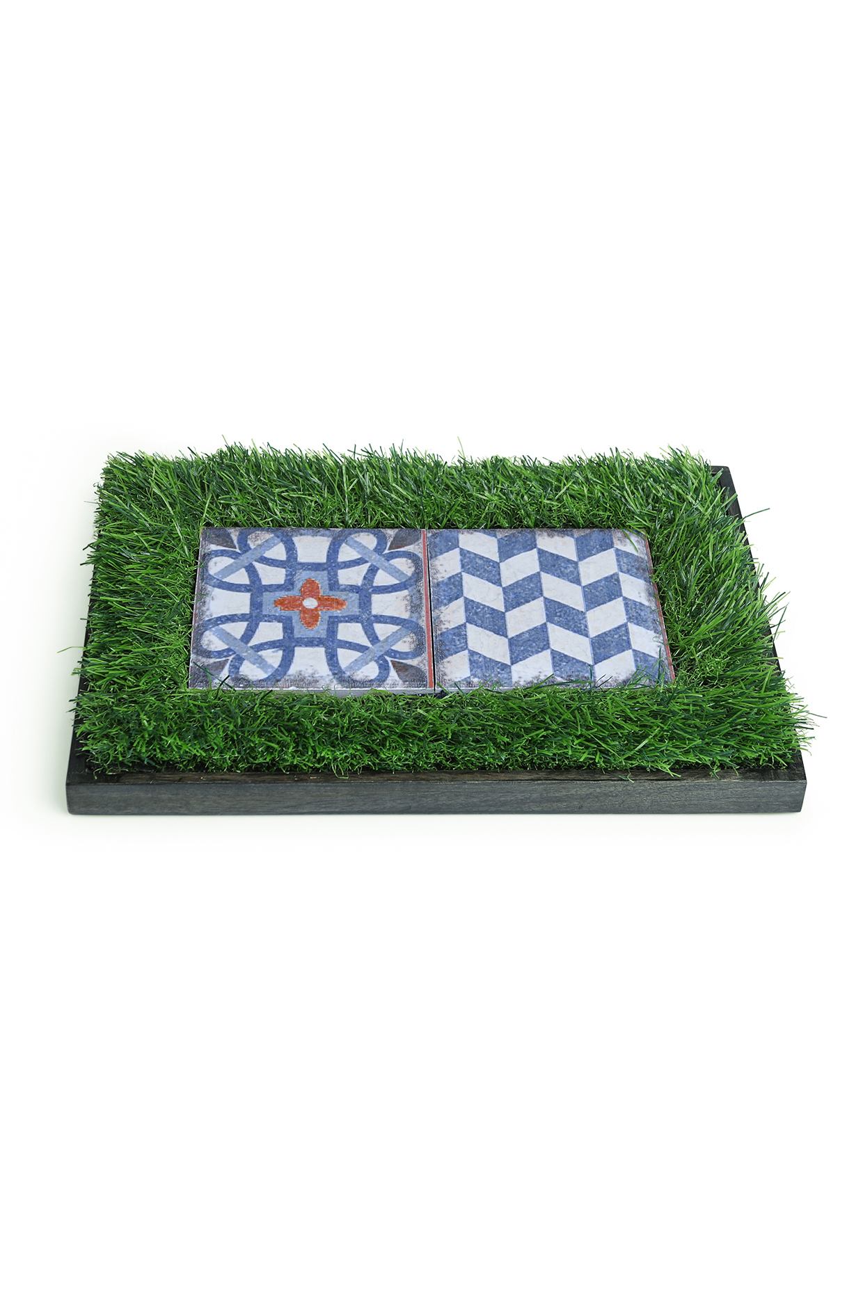 Green, Blue & White Mango Wood Printed Platter by HOUSE OF NEEBA at Pernia's Pop Up Shop