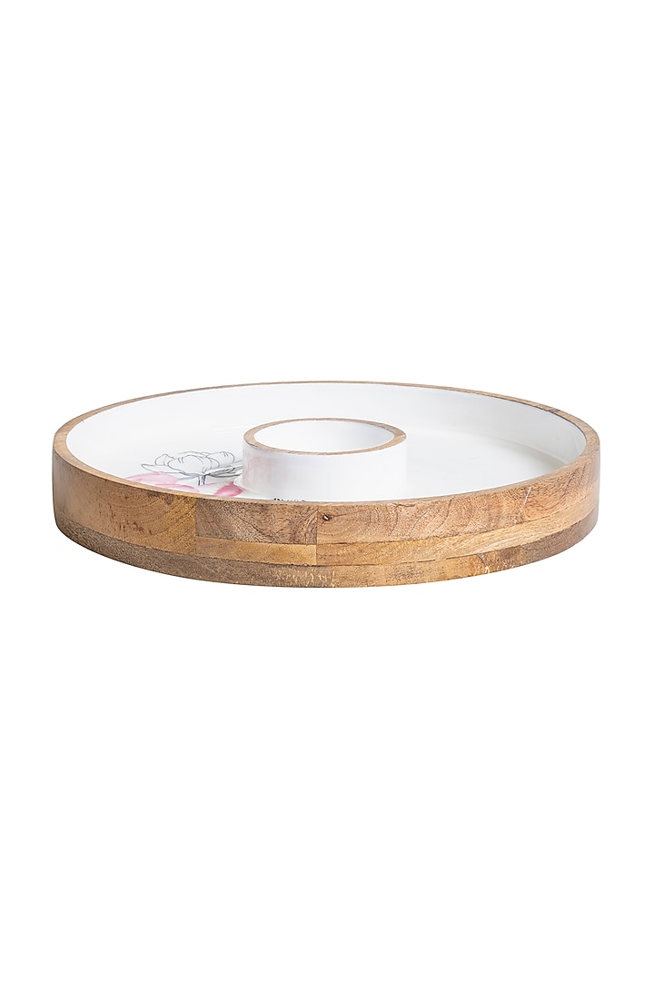 White Wooden Lotus Printed Chip & Dip Platter by HOUSE OF NEEBA at Pernia's Pop Up Shop