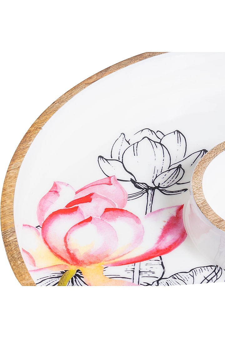 White Wooden Lotus Printed Chip & Dip Platter by HOUSE OF NEEBA at Pernia's Pop Up Shop