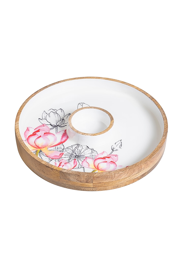 White Wooden Lotus Printed Chip & Dip Platter by HOUSE OF NEEBA at Pernia's Pop Up Shop